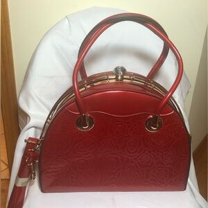 Red Floral Patent Dome Handbag with Gold Accents